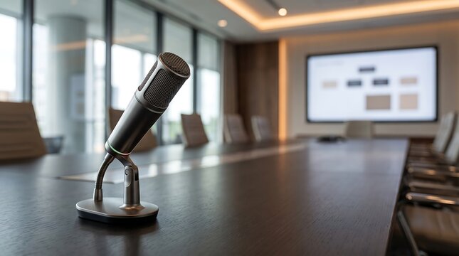 Conference microphone on a boardroom table in a modern corporate meeting room