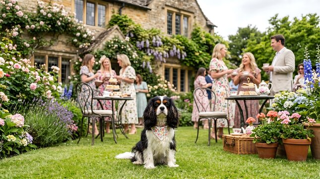 A cavalier king charles spaniel sitting on a green lawn in a garden with people having tea near a stone cottage with roses