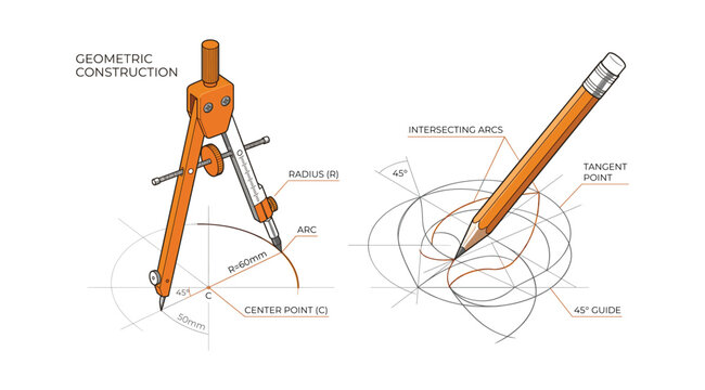 Geometric construction vector illustration showing compass, pencil, and intersecting arcs with angles