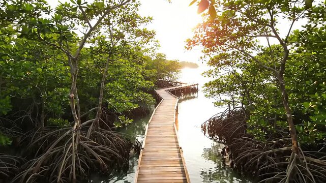 Wooden Boardwalk Pathway Through Lush Mangrove Forest with Sunlight