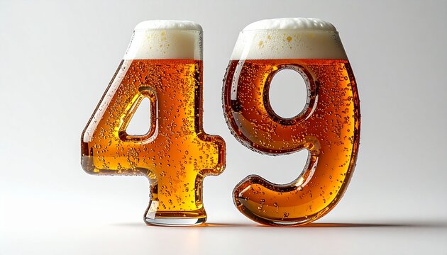 Beer Glass Shaped as Number 49 with Foam and Bubbles on White Background for Birthday and Anniversary Celebration