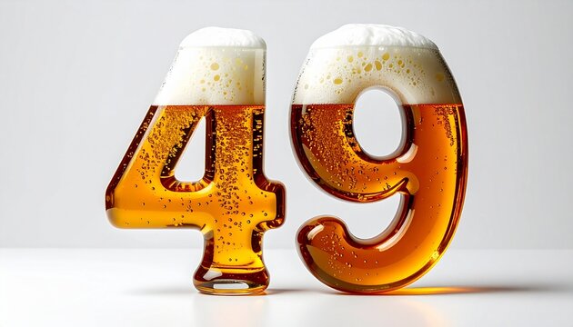 Beer Glass Shaped as Number 49 with Foam and Bubbles on White Background for Birthday and Anniversary Celebration