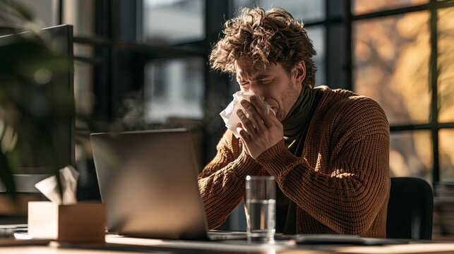 Man sits at desk, wiping nose with tissue