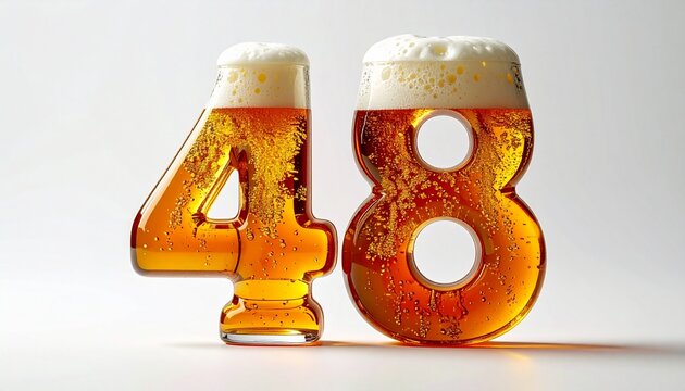 Beer Glass Shaped as Number 48 with Foam and Bubbles on White Background for Birthday and Anniversary Celebration