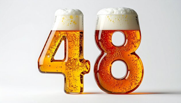 Beer Glass Shaped as Number 48 with Foam and Bubbles on White Background for Birthday and Anniversary Celebration