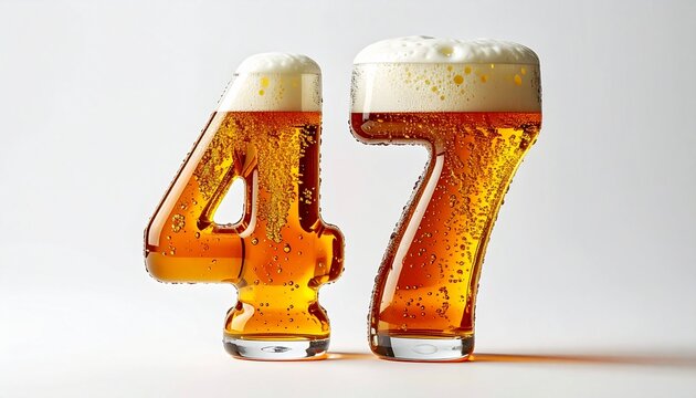 Beer Glass Shaped as Number 47 with Foam and Bubbles on White Background for Birthday and Anniversary Celebration