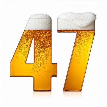 Beer Glass Shaped as Number 47 with Foam and Bubbles on White Background for Birthday and Anniversary Celebration