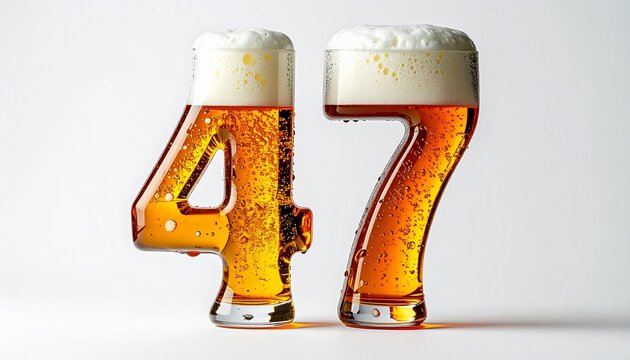Beer Glass Shaped as Number 47 with Foam and Bubbles on White Background for Birthday and Anniversary Celebration