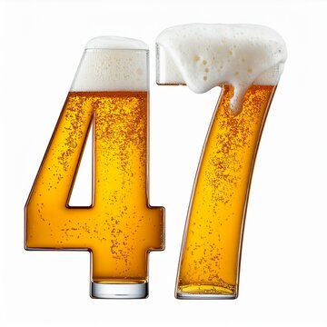 Beer Glass Shaped as Number 47 with Foam and Bubbles on White Background for Birthday and Anniversary Celebration