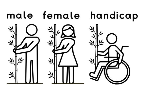 male female handicap holding bamboo stalk ecology environment toilet sign signage lavatory water closet monochrome symbol icon white background