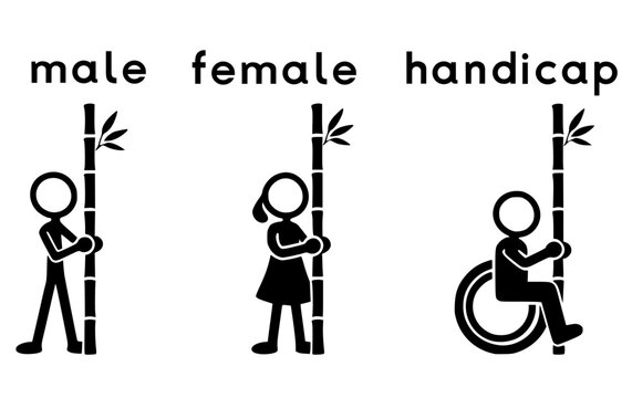 male female handicap holding bamboo stalk ecology environment toilet sign signage lavatory water closet monochrome symbol icon white background