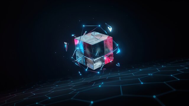 Glowing glass cube floating above dark grid surface with shards and neon blue red lights