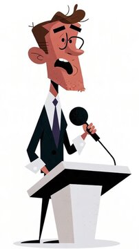 Cartoon comical male politician with a microphone, podium, flat design, animation