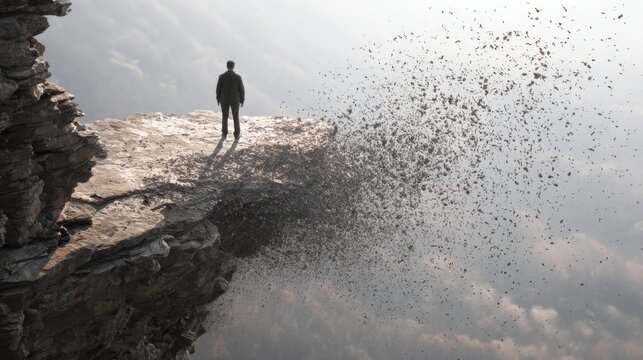 Man standing on crumbling cliff edge dissolving