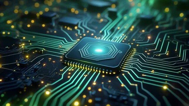 Futuristic Microchip on Motherboard with Glowing Circuit Patterns and Digital Data Flow