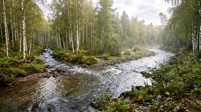 Wide angle landscape of merging forest streams surrounded by white birch trees and lush green vegetation