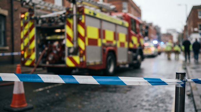 Emergency fire truck at urban incident scene, red fire engine behind blue police tape, first responders working at city street accident