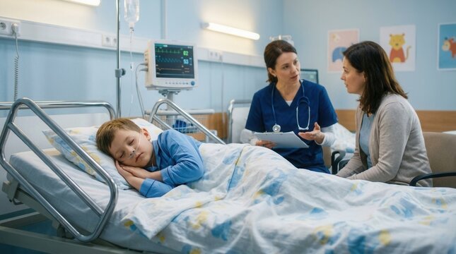 Concerned mother talks with nurse as sick child sleeps peacefully in hospital bed with oxygen cannula and IV drip.