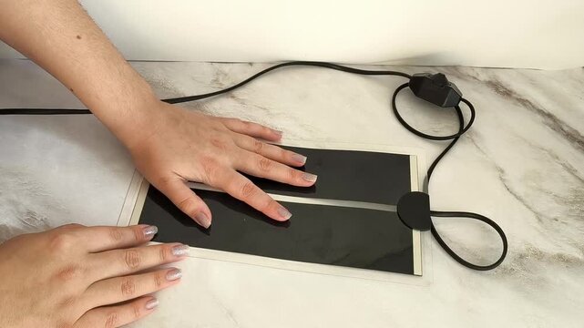 a woman touching an electric heating pad to check its warmth, representing heat control, household safety, comfort and winter care.