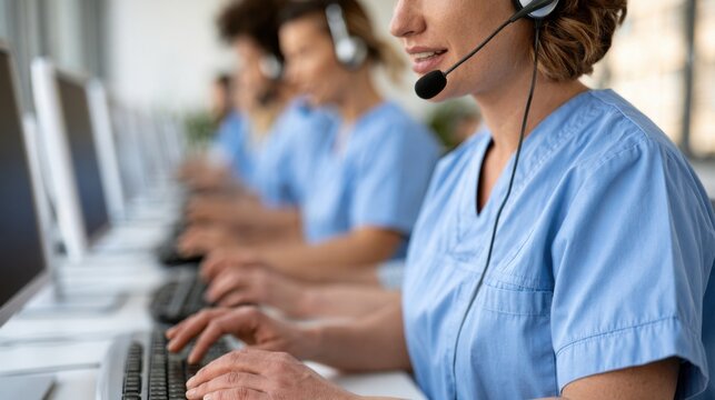 Female nurse in blue scrubs using headset and keyboard at a call center, multiple computers visible in a bright, modern healthcare environment