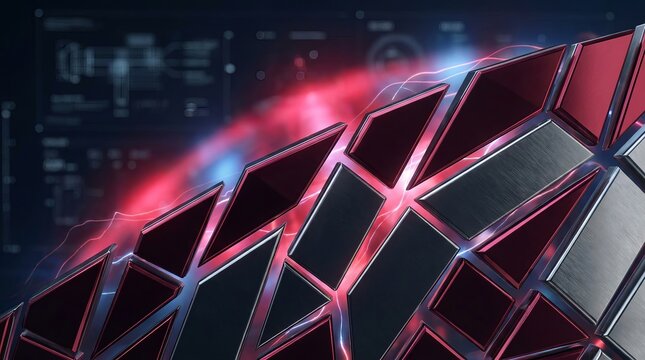 Firewall shard grid rising across a crimson titanium defense field