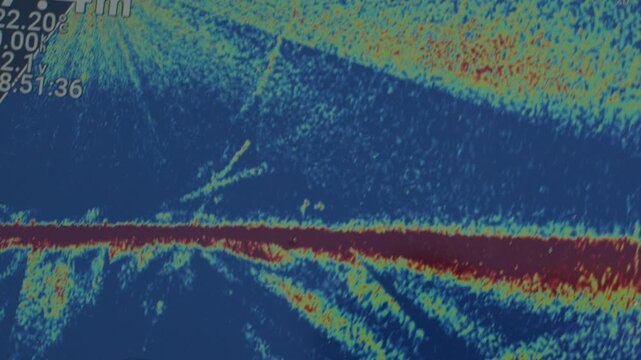 Display of the fish finder with the real time image of the bottom of the lake filled with wooden logs