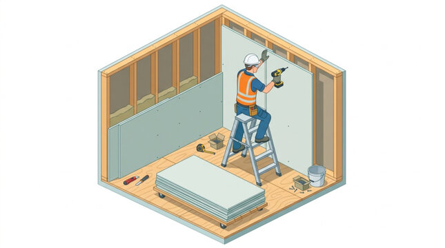 Isometric worker installing drywall insulation panels on wooden wall frame with drill