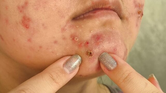 Young woman squeezing an inflamed pimple on her chin, illustrating facial acne, pus-filled blemishes, skin redness and problematic skin.
