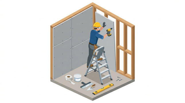 Construction worker installing drywall board on wooden frame with drill on stepladder