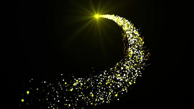 Smooth twinkling star glitter line animation with golden particle tail light, magic shimmering confetti fireworks sparks, dual golden light flares overlay for anniversary and new year event. 4k loop