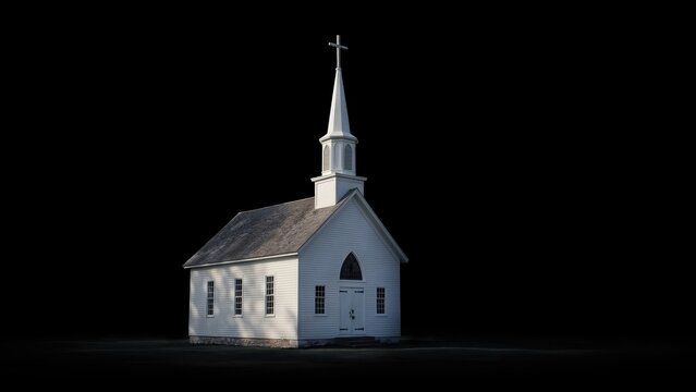 White wooden country church featuring tall steeple and classic architecture isolated against a pitch black background