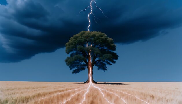 Lightning bolt striking a solitary tree in a vast golden wheat field at dusk