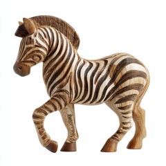 Fototapeta premium Carved Wooden Zebra Figurine With Intricate Texture And Striped Pattern Isolated On White Background
