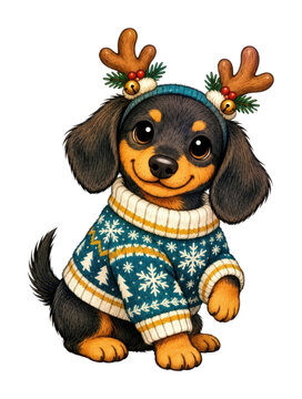 PNG Cute dachshund puppy wearing festive Christmas sweater and antlers