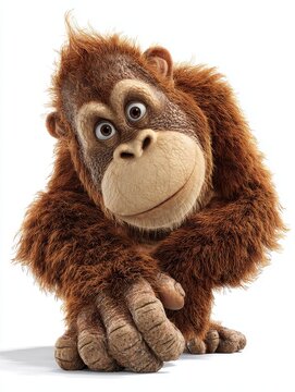 Cute Cartoon Style Orangutan Character With Brown Fur Standing Isolated On White Background