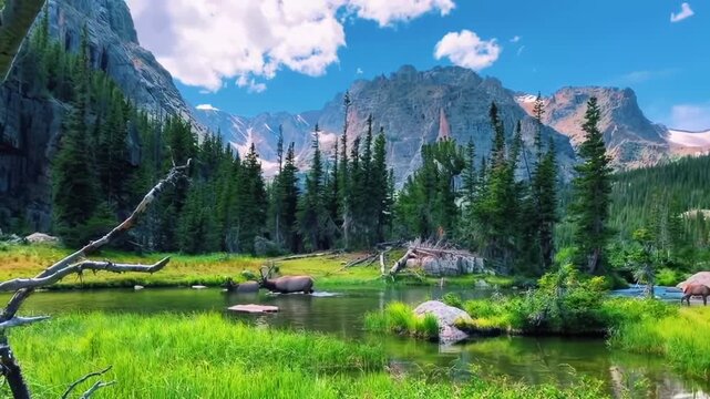 Elk Grazing by a Serene Mountain Lake in Rocky Mountains, Colorado