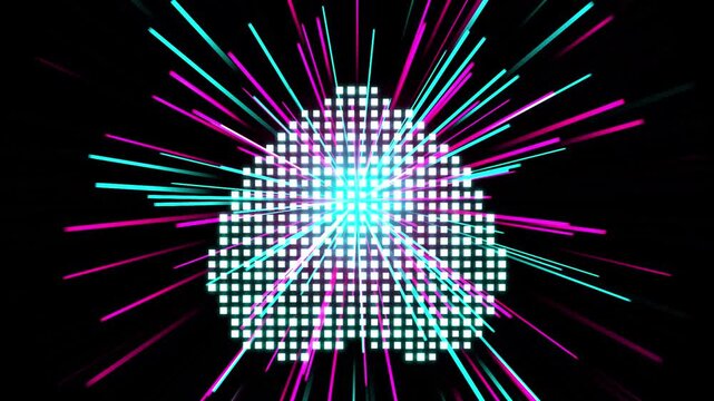Glowing pixelated brain emitting colorful light streaks in cyberspace