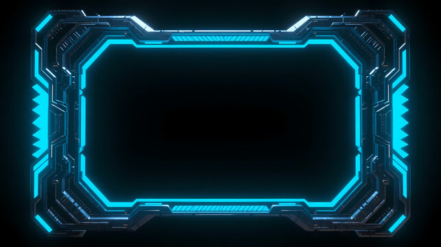 Glowing cyan metal frame on black void