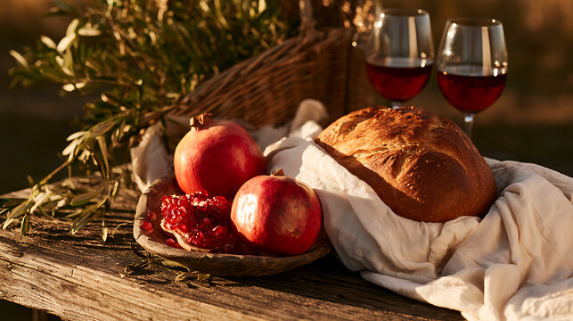 Celebrating Rosh Hashanah with traditional food and wine in a sunny outdoor setting