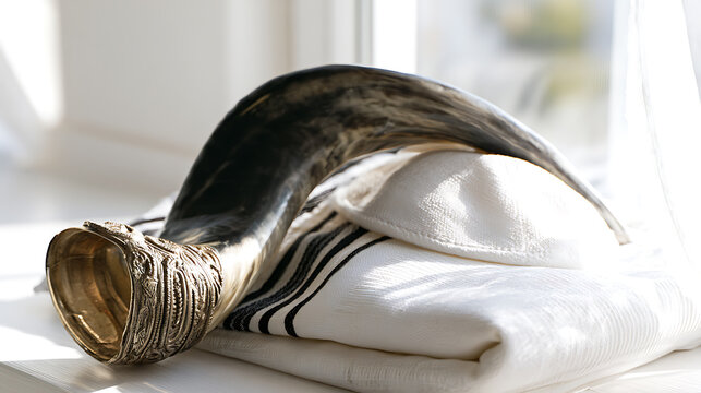 Yom Kippur traditions with shofar and tallit displayed on a table near a window