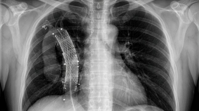 Chest X-ray showing an aortic stent graft inserted to treat aortic disease, highlighting medical intervention and internal vascular support.