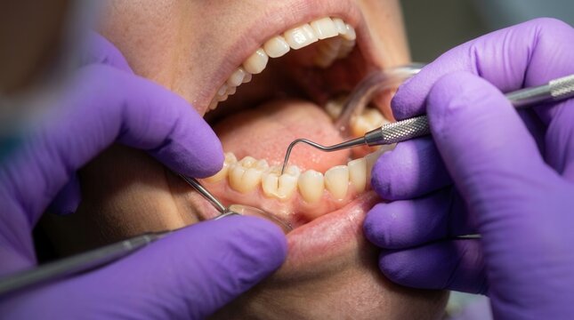 Dentist's Hands in Purple Gloves Examine Tooth with Dental Tool, Macro Close-up of Oral Cavity Check-up
