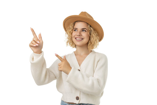 Joyful woman in winter clothes celebrates New Year, isolated, PNG