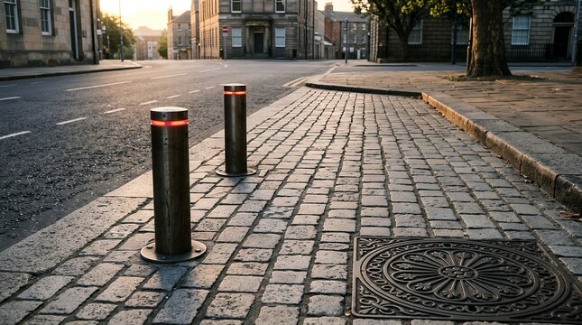 Retractable security bollards on cobblestone street, automatic traffic control posts in historic city center, urban safety barrier system