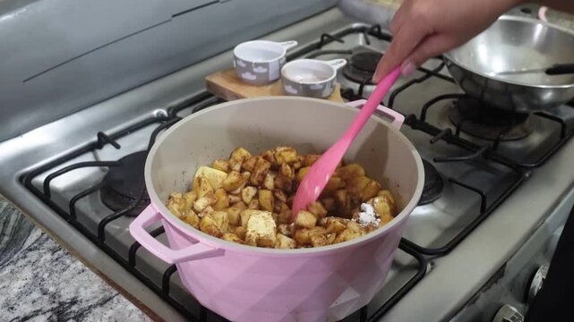 Female Hands Mixing Ingredients in a Pot to Make Apple Jam