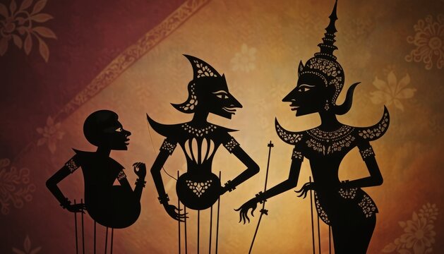 Traditional Thai shadow puppets in a dramatic performance