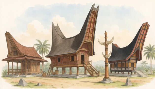 Traditional Indonesian Houses with Unique Boat-Shaped Roofs and Cultural Elements
