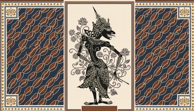 Traditional Indonesian Wayang Puppet with Batik Border and Floral Motifs