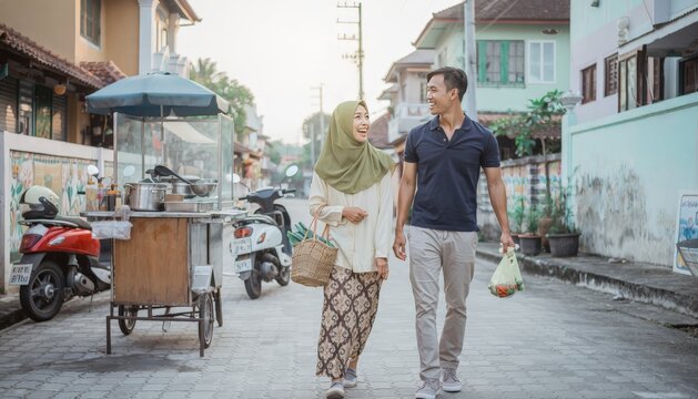 Happy Asian Couple Strolling Street with Food Cart and Scooters