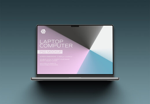 Silver Laptop with Large Shadow Isolated on Dark Blue Mockup